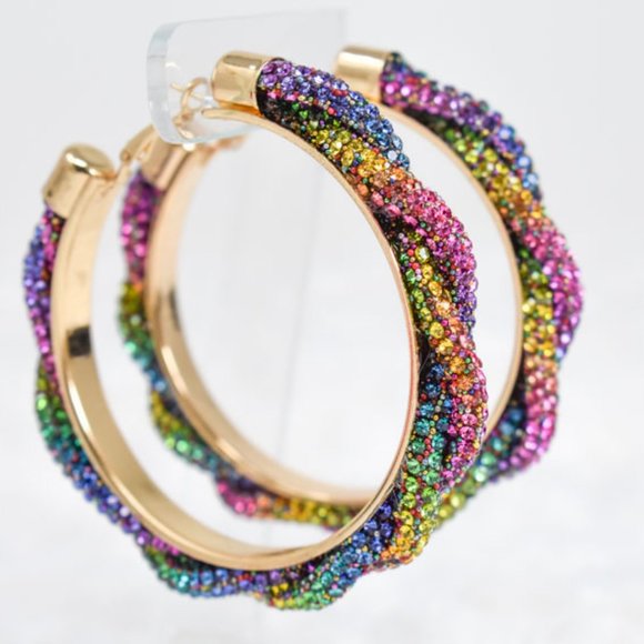 3" Braid Twist Multicolor Rhinestone Hoop Earrings - Picture 1 of 12